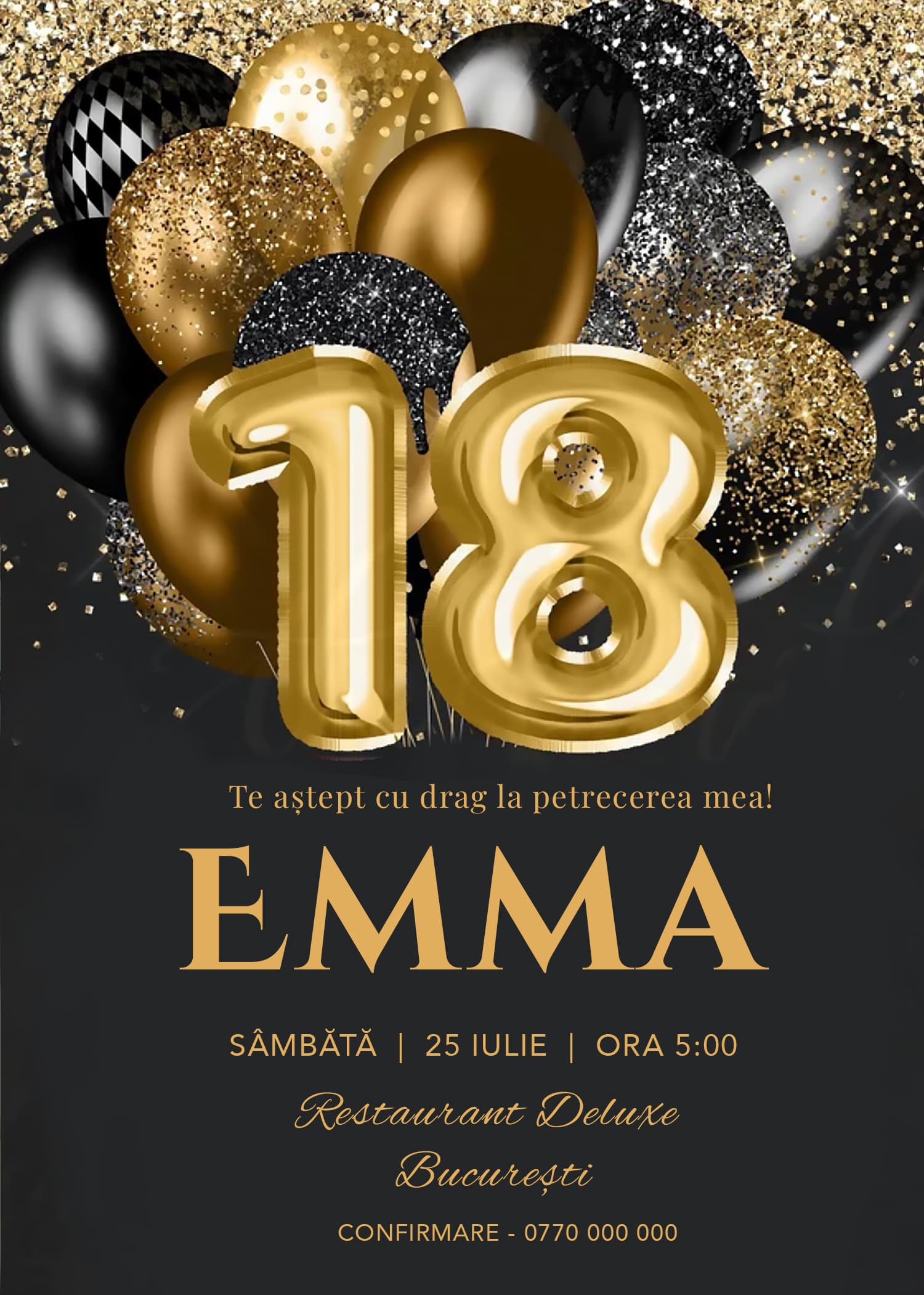 Invitație digitală de majorat, modelul 18 Gold Party