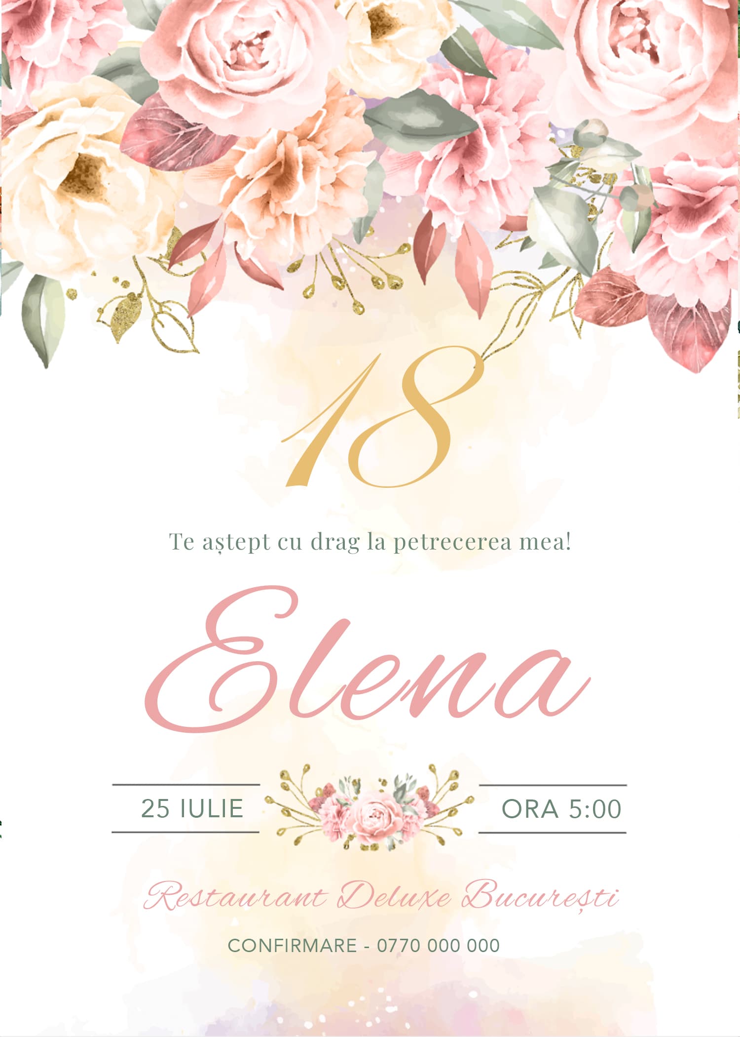 Invitație digitală de majorat, modelul Bouquet