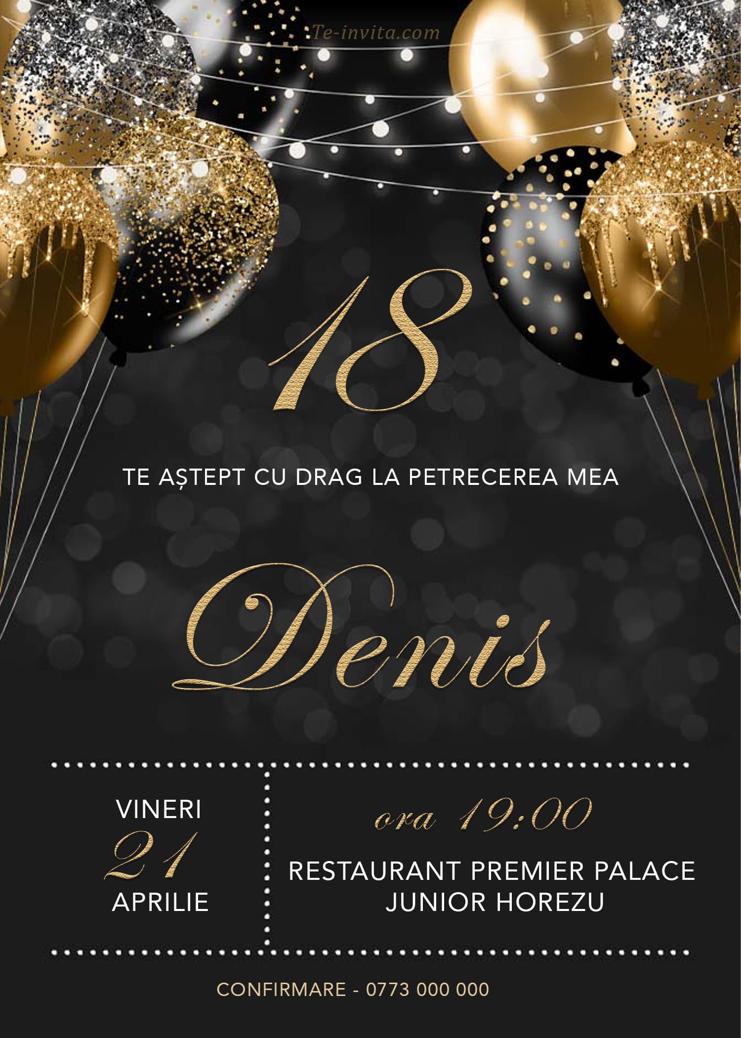 Invitație digitală de majorat, modelul Golden Party