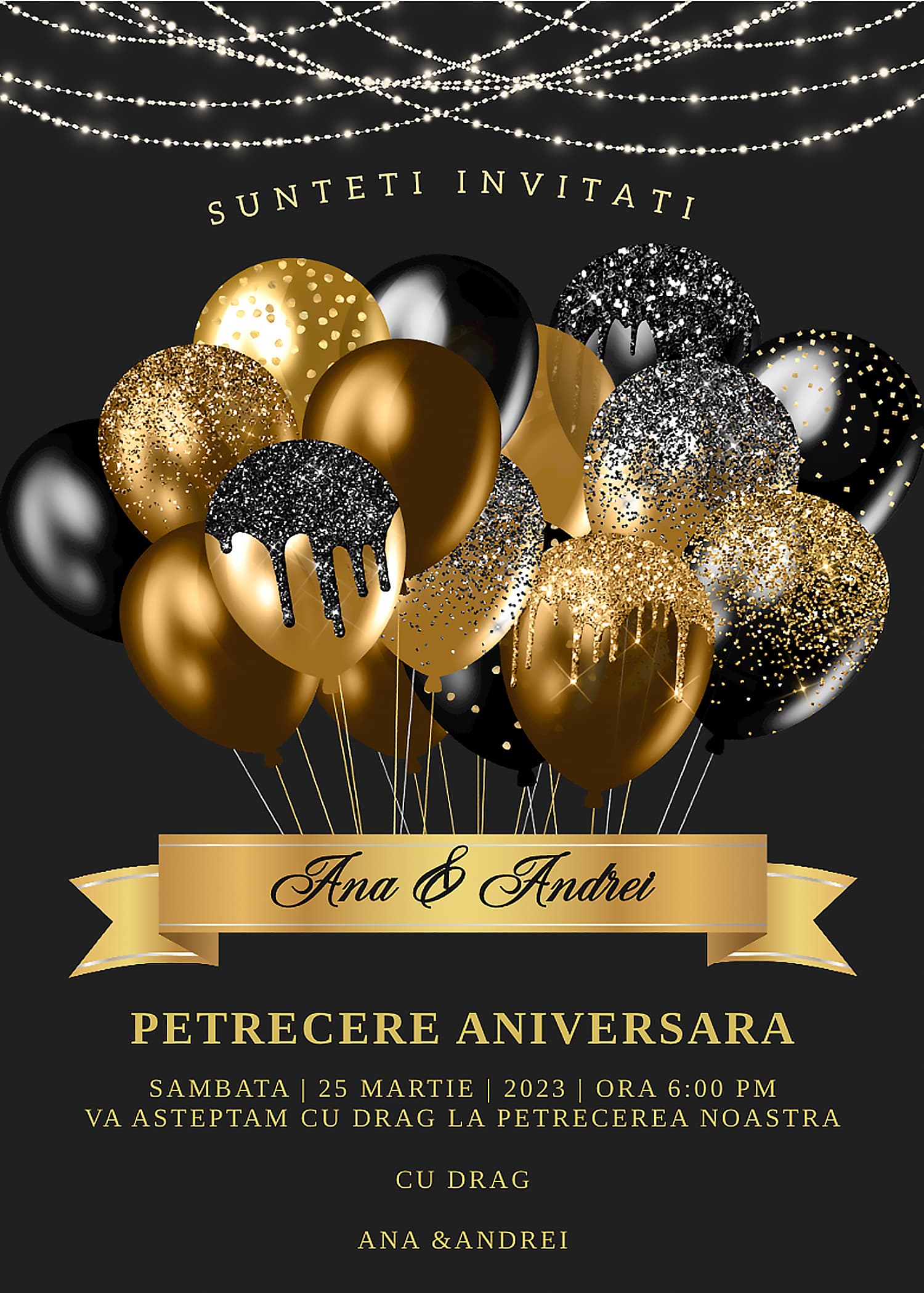 Invitație digitală aniversare, modelul Golden Party