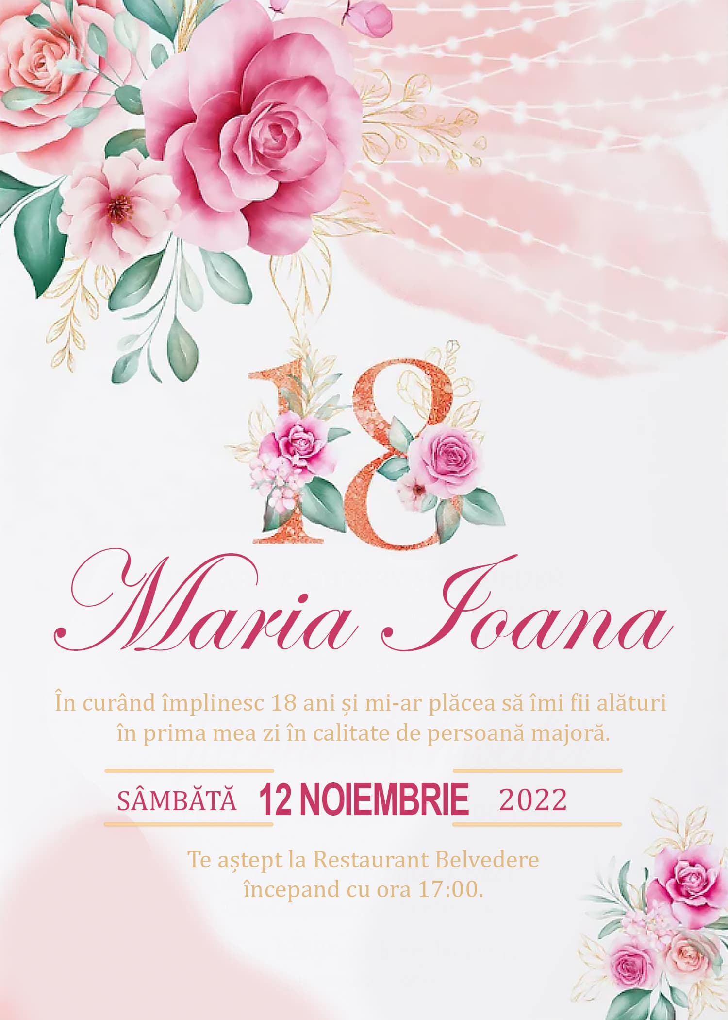 Invitație digitală de majorat, modelul Sweet 18