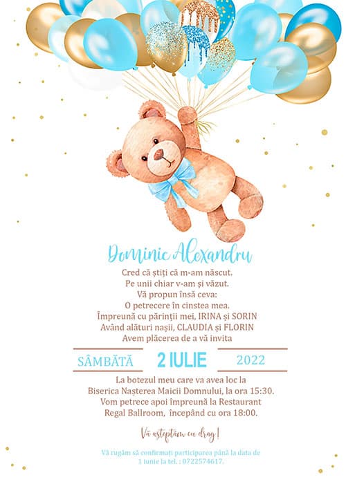 Invitație digitală botez, modelul Sweet Teddy Boy