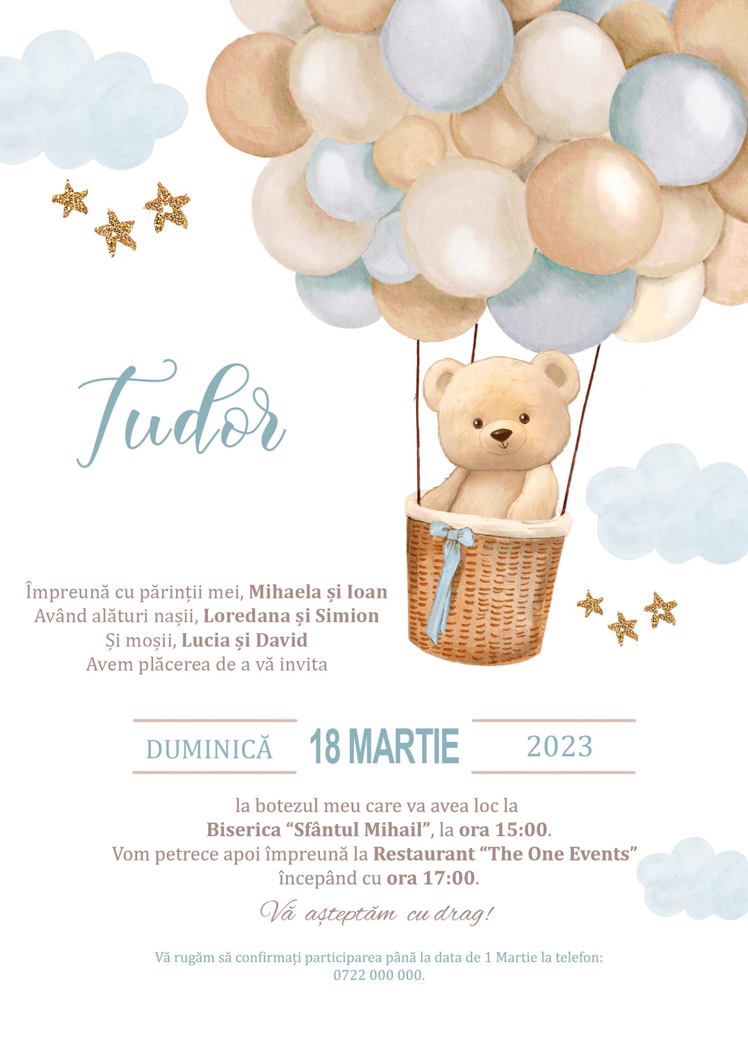 Invitație digitală botez, modelul Adorable Little Teddy