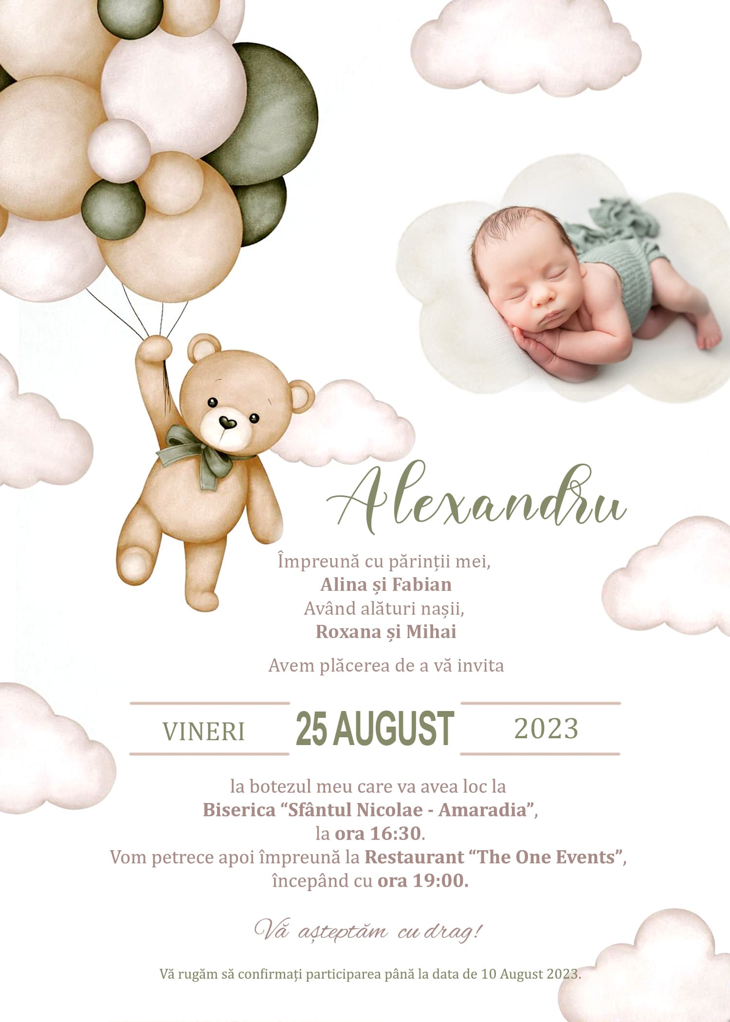 Invitații digitale botez, modelul Tranquility