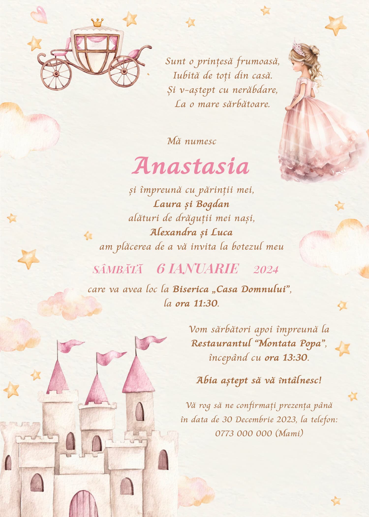 Invitație digitală botez, modelul Princess Crown
