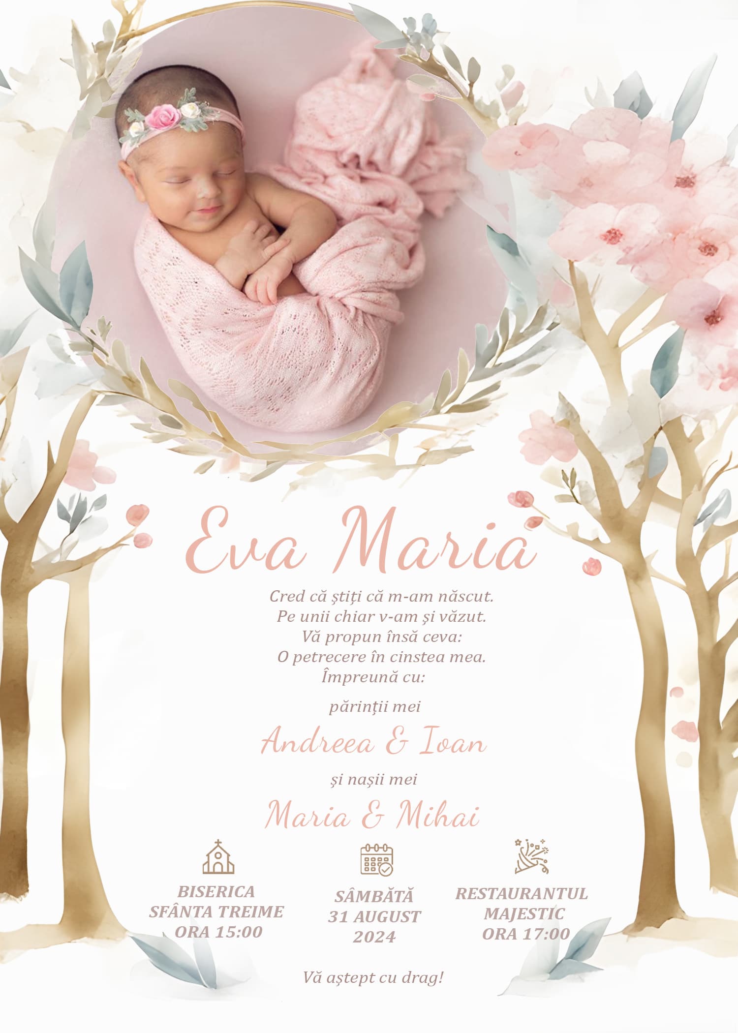 Invitație digitală botez, modelul Sweet Spring