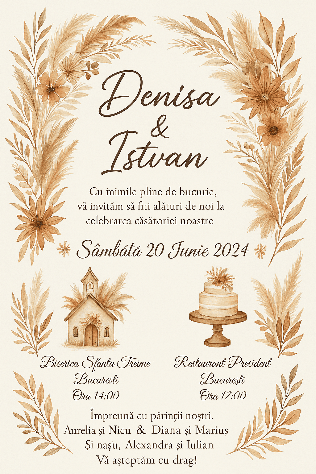 Invitație digitală nuntă, modelul Boho