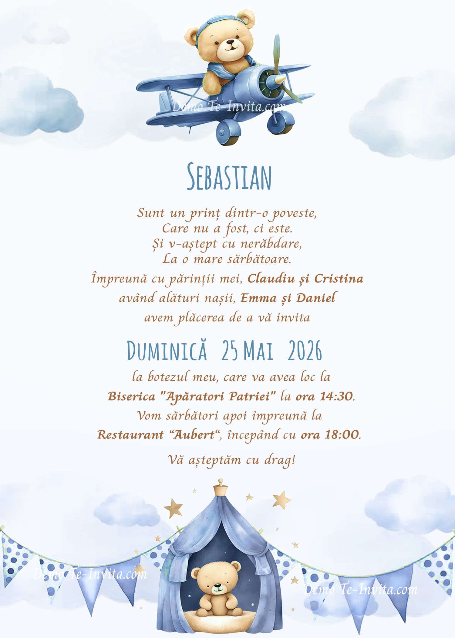 Invitație digitală botez, modelul Teddy's Joy